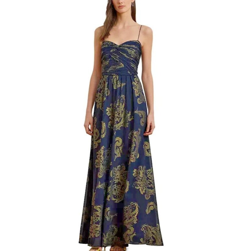 Lauren Ralph Lauren Women's Paisley Foiled Chiffon Sleeveless Gown Dress Navy 12 - Picture 2 of 14